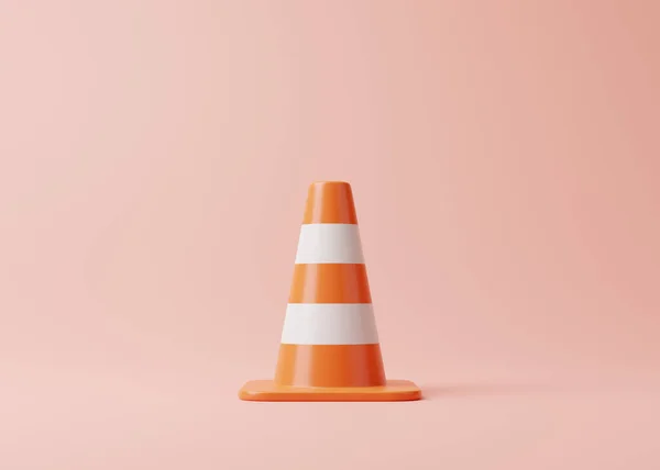 ピンクの背景に白い縞模様のオレンジの交通コーン 漫画のミニマリストスタイル 3Dレンダリング図 — ストック写真