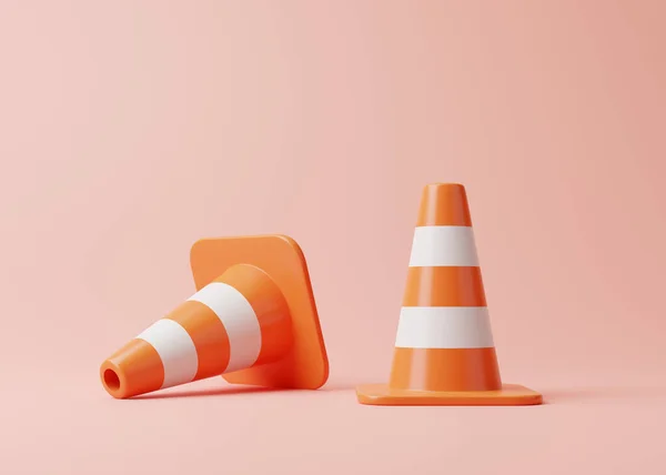 Twee Oranje Verkeerskegels Met Witte Strepen Roze Achtergrond Cartoon Minimalistische — Stockfoto