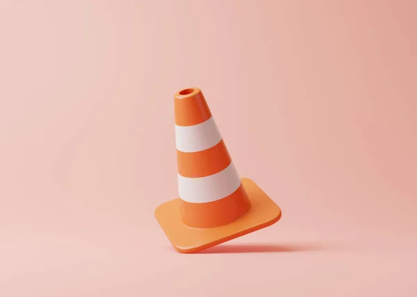 ピンクの背景に白い縞模様のオレンジの交通コーン 漫画のミニマリストスタイル 3Dレンダリング図 — ストック写真