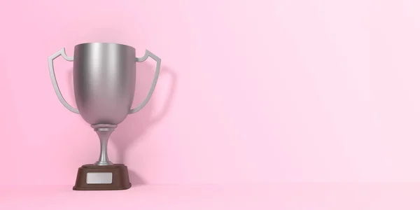 Trofee Beker Roze Achtergrond Met Kopieerruimte Sporttoernooiprijs Zilveren Beker Overwinningsconcept — Stockfoto