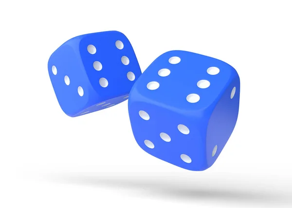 白い背景の上で飛行中の2つの青いローリングギャンブルダイス 幸運なサイコロ ボードゲーム 賭けだ 3Dレンダリング図 — ストック写真