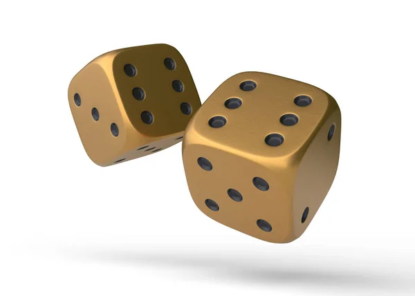 两个金色的滚动赌博骰子在白色背景下飞舞 幸运骰子棋盘游戏赌钱3D渲染说明 — 图库照片