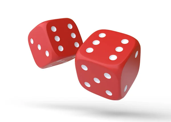 两个红色滚动赌博骰子在白色背景下飞行 幸运骰子棋盘游戏赌钱3D渲染说明 — 图库照片