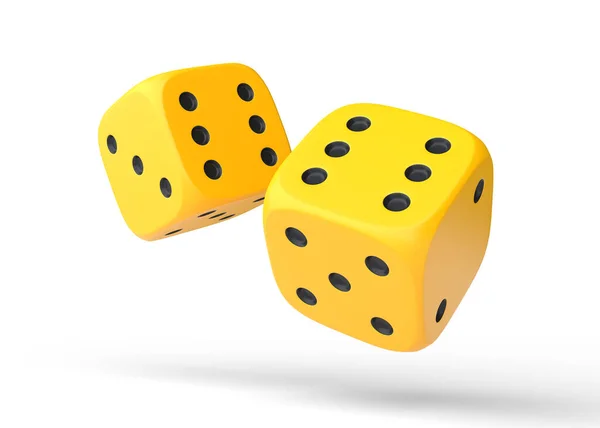 两个黄色的滚动赌博骰子在白色背景下飞舞 幸运骰子棋盘游戏赌钱3D渲染说明 — 图库照片