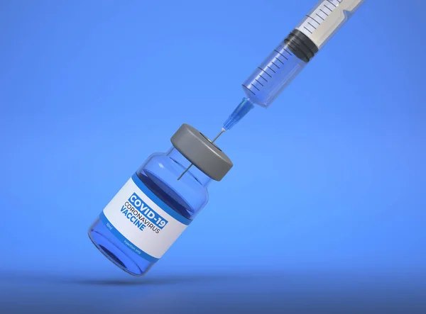 青い背景にワクチンのガラス瓶に入る医療用針 コロナウイルスCovid 19のワクチン 世界的なパンデミックインフルエンザの病気 医学的概念 3Dレンダリング図 — ストック写真
