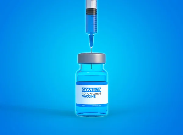 医疗针进入蓝色背景的玻璃瓶疫苗 Coronavirus Covid 19全球大流行性流感疫苗 医学概念 3D渲染说明 — 图库照片