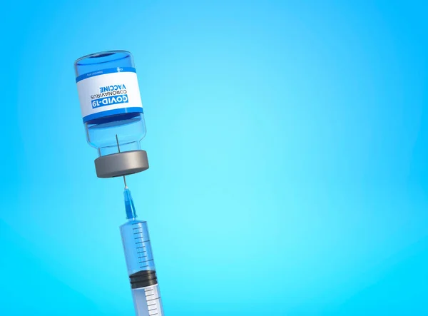 Lékařská Jehla Vstupující Skleněné Injekční Lahvičky Vakcínou Modrém Pozadí Vakcína — Stock fotografie