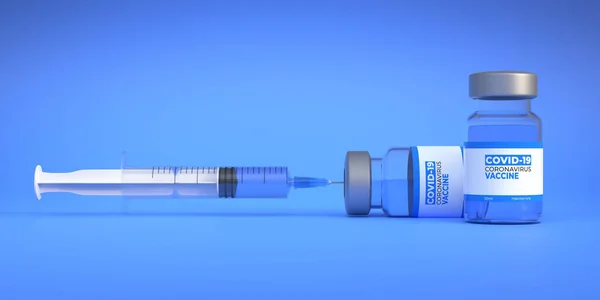 Agulha Médica Entrar Num Frasco Vidro Vacina Sobre Fundo Azul — Fotografia de Stock