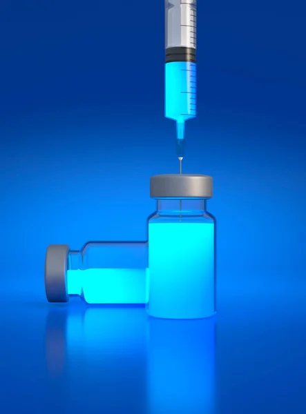 青い背景にワクチンのガラス瓶に入る医療用針 コロナウイルスCovid 19のワクチン 世界的なパンデミックインフルエンザの病気 医学的概念 3Dレンダリング図 — ストック写真