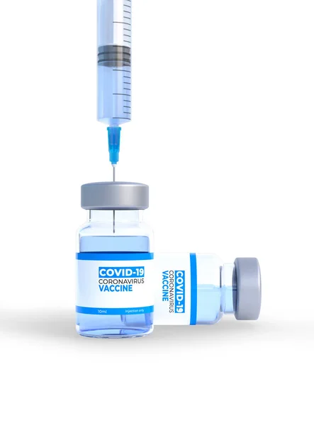 白い背景に隔離されたワクチンのガラス瓶に入る医療用針 コロナウイルスCovid 19のワクチン 世界的なパンデミックインフルエンザの病気 医学的概念 3Dレンダリング図 — ストック写真