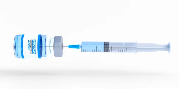 白い背景に隔離されたワクチンのガラス瓶に入る医療用針 コロナウイルスCovid 19のワクチン 世界的なパンデミックインフルエンザの病気 医学的概念 3Dレンダリング図 — ストック写真
