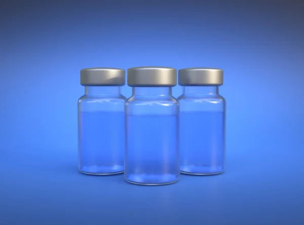 透明玻璃瓶 用于Covid 19珊瑚病毒疫苗和其他蓝色背景的病毒 免疫和疫苗接种 复制空间 医学概念 3D渲染说明 — 图库照片