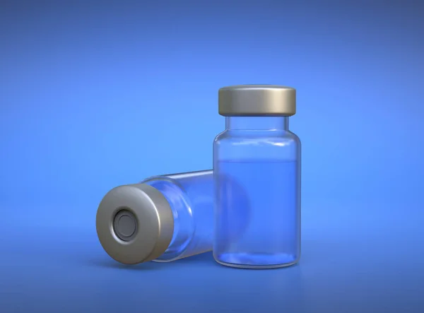 透明玻璃瓶 用于Covid 19珊瑚病毒疫苗和其他蓝色背景的病毒 免疫和疫苗接种 复制空间 医学概念 3D渲染说明 — 图库照片
