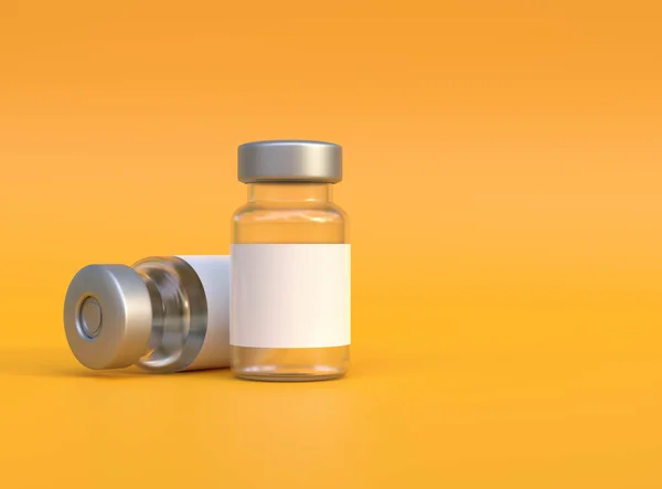 透明玻璃瓶 用于Covid 19珊瑚病毒疫苗和其他黄色背景的病毒 免疫和疫苗接种 复制空间 医学概念 3D渲染说明 — 图库照片