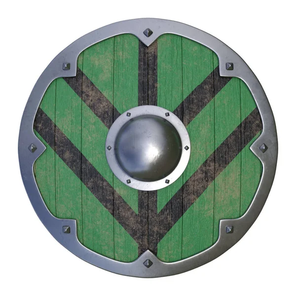 Wooden Medieval Shield Viking Shield Painted Green Black Isolated White — Stock Photo, Image