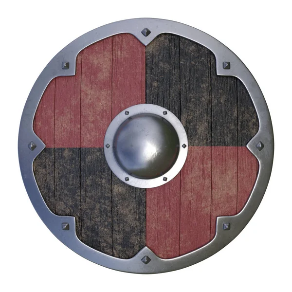 Wooden Medieval Shield Viking Shield Painted Black Red Isolated White — Stock Photo, Image