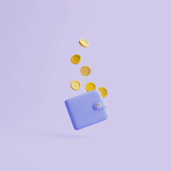 Jednoduchá Pastelově Fialová Ikona Peněženky Zlatými Mincemi Plave Pastelovém Pozadí — Stock fotografie