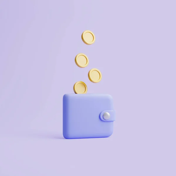 Blue Wallet Icon Golden Coins Floats Pastel Background Rendering Illustration — Stock Photo, Image