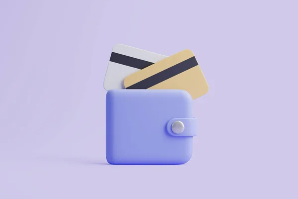 Blaue Brieftasche Mit Kreditkarten Auf Pastellviolettem Hintergrund Darstellung — Stockfoto