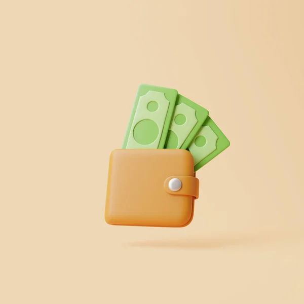 Brun Plånbok Ikon Med Gröna Dollar Sedlar Pastell Beige Bakgrund — Stockfoto