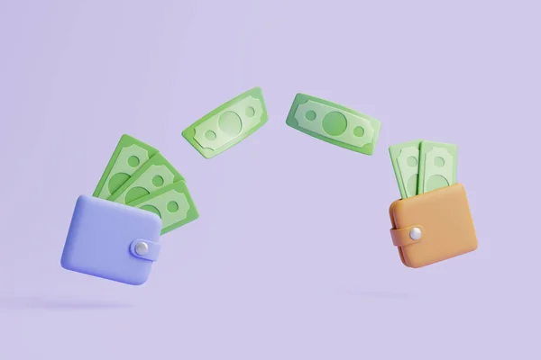 两个钱包之间的绿色钞票在胶水背景上的转移 经济和网上支付的概念 3D渲染说明 — 图库照片