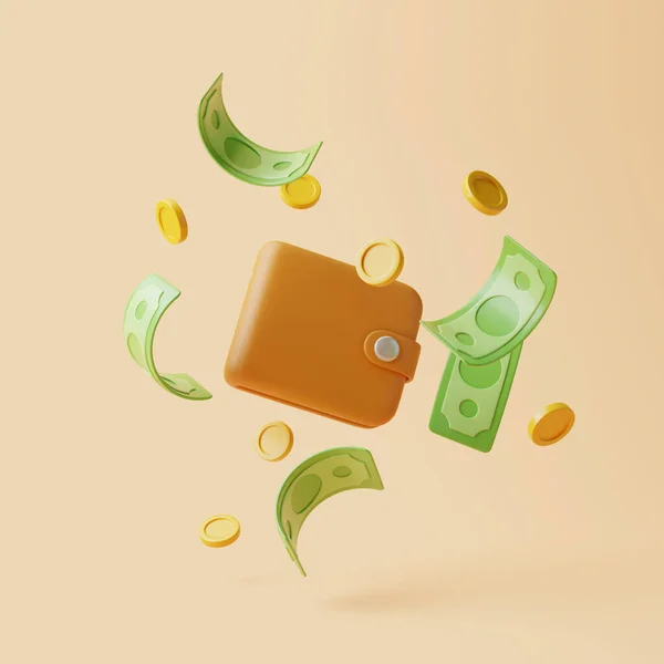 緑の紙幣と黄金のコインの茶色の財布のアイコンは パステルベージュの背景に浮かんでいます 3Dレンダリング図 — ストック写真