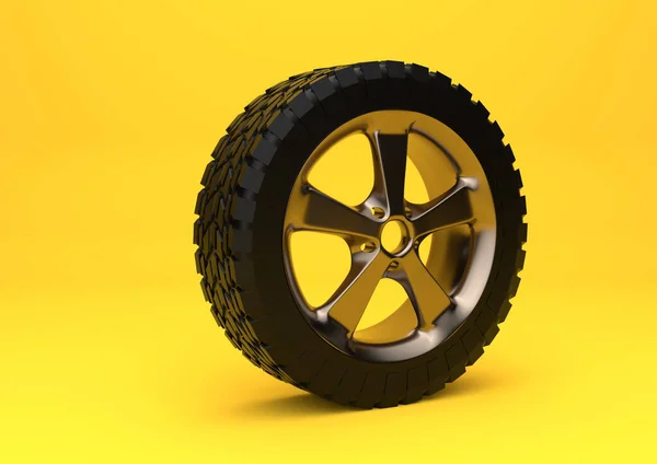 パステルカラーの明るい黄色の背景に隔離された車の車輪 合金ホイールタイヤ自動車 最小限の創造的な概念 3Dレンダリング図 — ストック写真