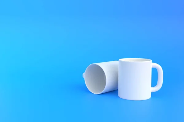 两杯白色瓷杯或空杯子 用于咖啡 饮料或蓝底茶 最小的概念 3D渲染3D说明 — 图库照片