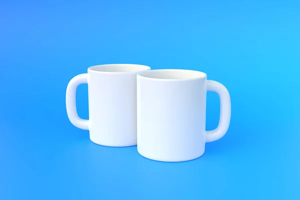 青い背景にコーヒー ドリンク 紅茶用の白いセラミックカップまたは空のマグカップが2つあります 最小限のコンセプト 3Dレンダリング 3Dイラスト — ストック写真