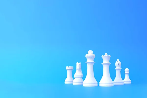 现实的国际象棋在明亮的蓝色背景和复制空间 国际象棋棋子最小的创造性战斗概念 3D渲染3D示例 — 图库照片