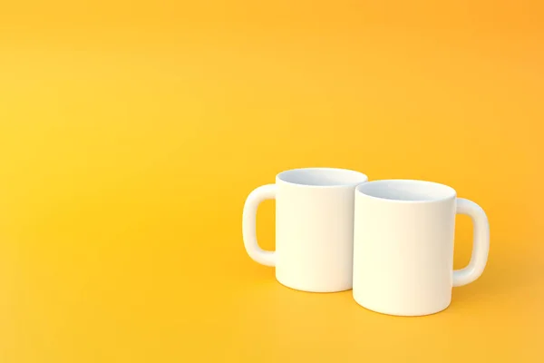 Two White Ceramic Cup Empty Mug Coffee Drink Tea Yellow — Stock Photo, Image