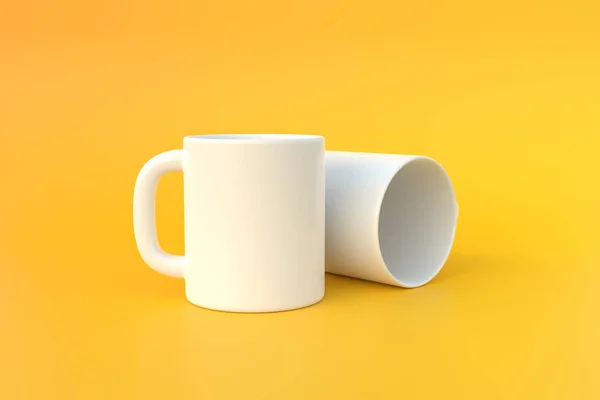 Две Белые Керамические Чашки Пустая Кружка Кофе Напитков Чая Желтом — стоковое фото