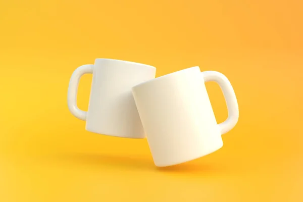 黄色の背景にコーヒー ドリンクまたは紅茶用の2つの白いセラミックカップまたは空のマグカップ 最小限のコンセプト 3Dレンダリング 3Dイラスト — ストック写真