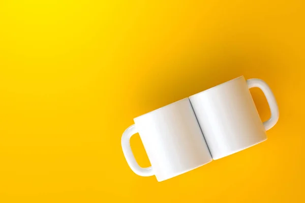两杯白色瓷杯或一个空杯子 用于咖啡 饮料或黄色背景的茶 顶部视图 最小的概念 3D渲染3D说明 — 图库照片