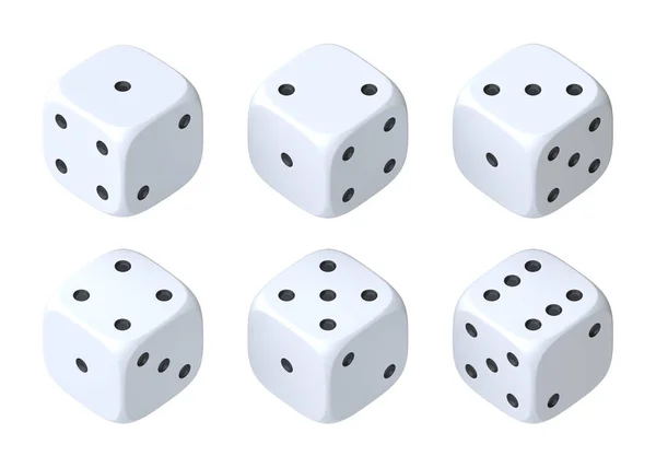 一套六枚白色骰子 白色圆点呈半圆形 显示不同的数字 幸运骰子滚骰子棋盘游戏赌钱3D渲染说明 — 图库照片