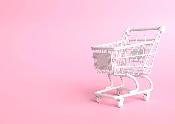 ピンクの背景にショッピングカート ショッピング トローリー 食料品の押しカート ミニマリストのコンセプトは 孤立したカート 3Dレンダリング図 — ストック写真