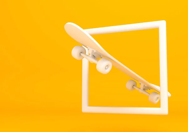 白色的滑板在明亮的黄色底色的框架上 涂上了淡淡的色彩 最低纲领的概念 3D渲染说明 — 图库照片