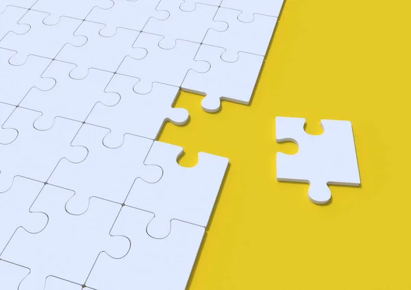 Białe Puzzle Żółtym Tle Miejsca Kopiowania Połączone Puste Elementy Układanki — Zdjęcie stockowe