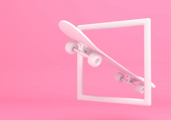 パステルカラーの明るいピンクの背景にフレーム内のホワイトスケートボード 最小限の概念 3Dレンダリング図 — ストック写真