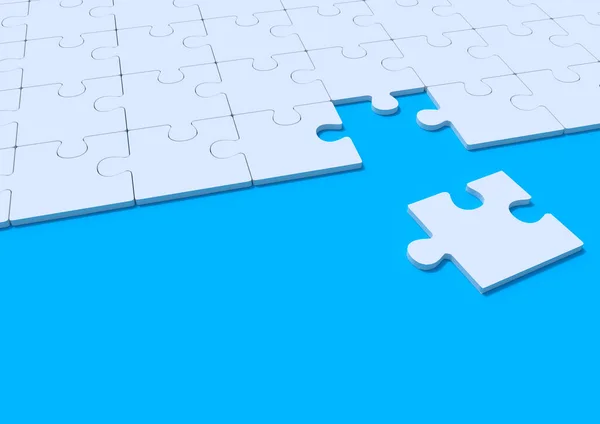 Białe Puzzle Niebieskim Tle Miejsca Kopiowania Połączone Puste Elementy Układanki — Zdjęcie stockowe