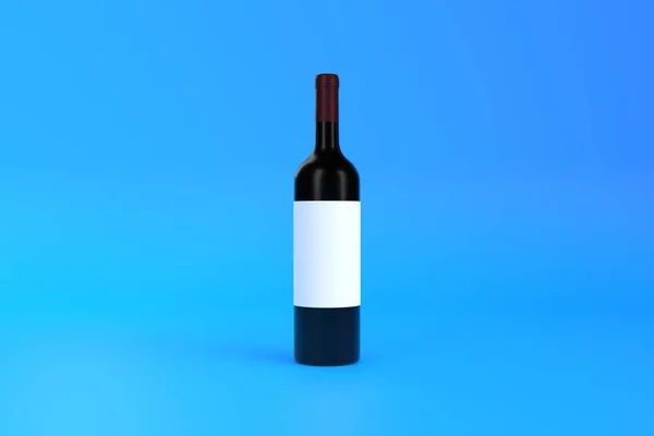 Botella Vino Con Etiqueta Blanca Sobre Fondo Azul Vista Frontal —  Fotos de Stock