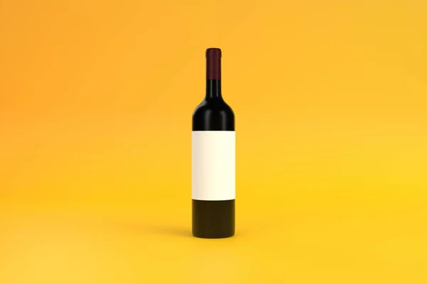 Wine Bottle White Label Yellow Background Front View Minimal Concept — Stock Photo, Image
