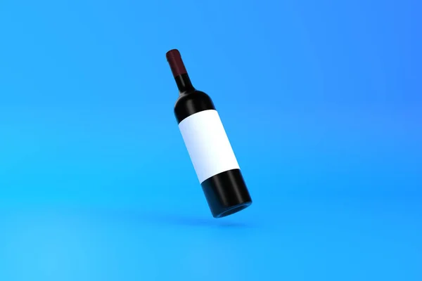 Vinflaska Med Vit Etikett Flyter Blå Bakgrund Minimalt Koncept Rendering — Stockfoto