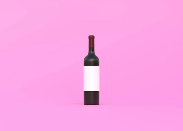 Garrafa Vinho Com Rótulo Branco Sobre Fundo Rosa Vista Frontal — Fotografia de Stock