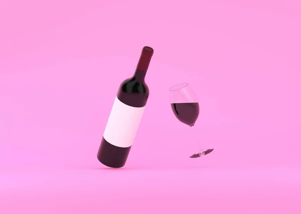 Pembe Arka Planda Yüzen Şarap Kadehli Şarap Şişesi Minimum Konsept — Stok fotoğraf