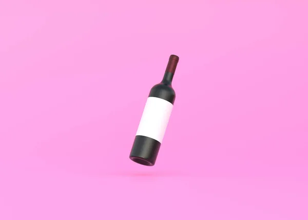 带有白色标签的酒瓶漂浮在粉红色的背景上 最小的概念 3D渲染说明 — 图库照片