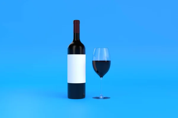 Vinflaska Med Vinglas Blå Bakgrund Minimalt Koncept Rendering Illustration — Stockfoto
