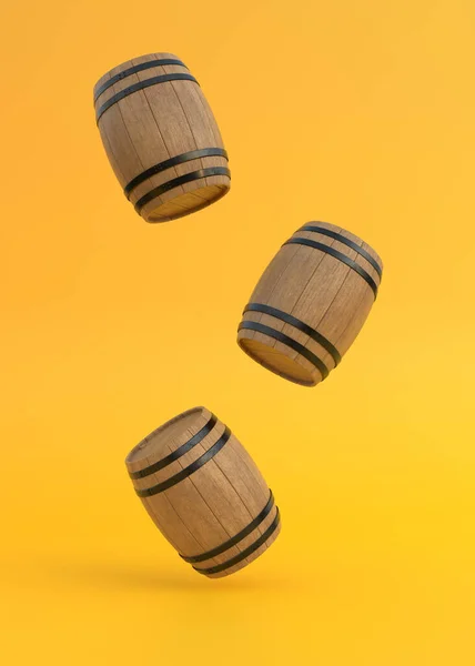 黄色の背景に飛行中の木製の樽 3Dレンダリング3Dイラスト — ストック写真