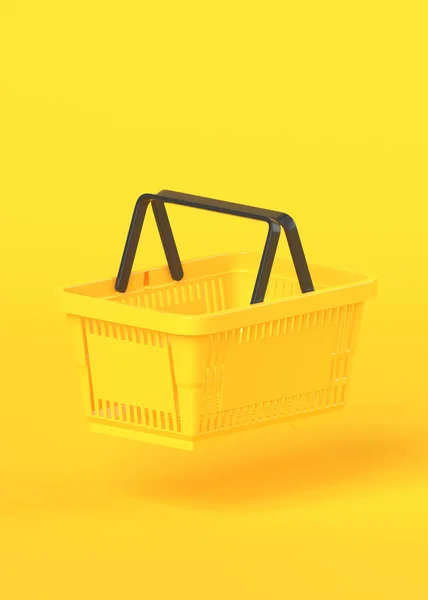 黄色の背景に赤い空のショッピングバスケット飛んで 3Dレンダリング図 — ストック写真