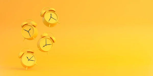 Alarme Mesa Amarela Relógios Caindo Chão Com Fundo Amarelo Brilhante — Fotografia de Stock